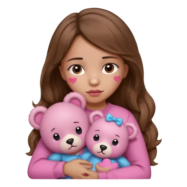 girl with long wavy brown hair, brown eyes, light to medium complexion, in a pink shirt, pink lips, long lashes, sad, hugging squeezing a teddy bear with bandaid hearts sticker
