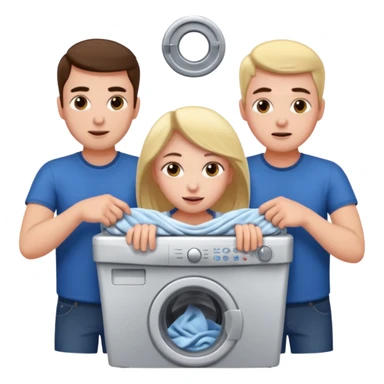 Eine Frau die in der Waschmaschine feststeckt und zwei männer die ihr helfen sticker