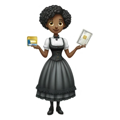 galora waitress Victorian dress elegant full body, holding big credit card sticker