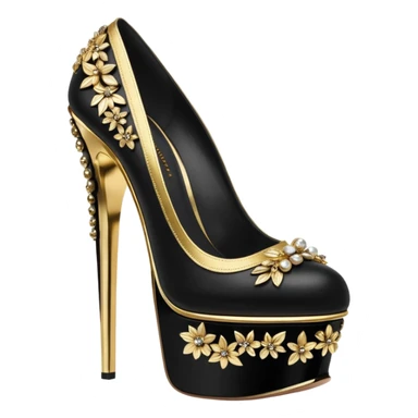 Alexander McQueen brand, black and gold high heel platforms, detailed embellishments. 8k, 5000x5000px, 3D rendering, realistic, isolated still life, no emoji faces no emoji icons no human figures  sticker