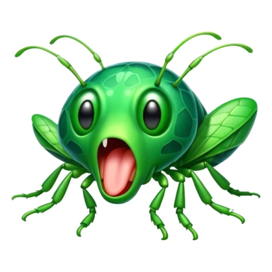 Cinematic Cute Yawning Green Bugdie Portrait Emoji, Head tilted slightly with a dramatic, wide-open yawn, showcasing a smooth, vibrant emerald exoskeleton with delicate patterns and tiny drooping antennae, round multifaceted eyes barely open in drowsy contentment, Simplified yet irresistibly adorable features, highly detailed, glowing with a soft, cozy glow, high shine, relaxed yet expressive, stylized with a touch of whimsy, bright and endearing, soft glowing outline, capturing the essence of a sleepy yet endearing insect, so drowsy it feels like it could stretch out of the screen and curl up for a nap! sticker