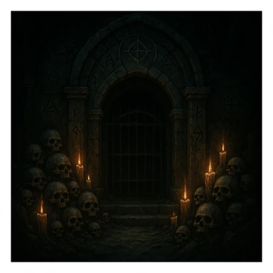 creepy banner, ancient crypt entrance, skulls, candles, mysterious symbols, dark fantasy style sticker