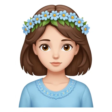 brunette girl with brown hair wearing pastel blue clothes with flowers in her hair sticker
