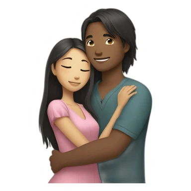 African young man hugging asian girl with long hair sticker