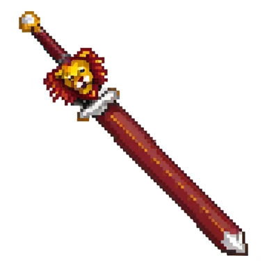 gold colored long sword with deep red handle and a gold lion on the end of the handle sticker