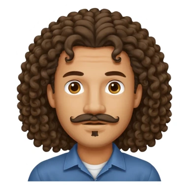 a mixed-race man with long curly hair, a goatee, and a mustache sticker