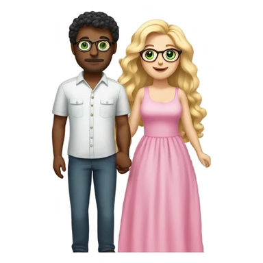Curvy woman with long blonde hair and green eyes wearing a pink dress and holding hands with a brown man with short curly black hair and glasses sticker