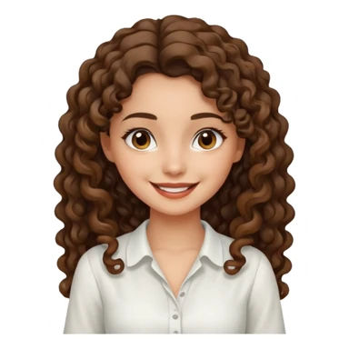 Morena, pele escura, cabelo longo cacheado, pequena e com uma blusa branca sorrindo sticker