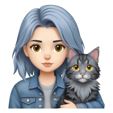 girl with black and yellow hair wearing denim jacket with gray maine coon cat sticker