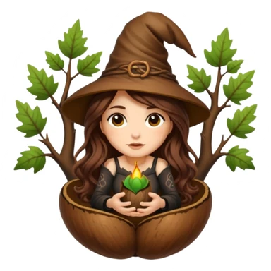 cute forest witch woman long wavy brown hair tattoos sitting inside acorn sticker