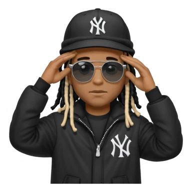African American man with shoulder length black dreadlocks wearing black sunglasses with black bubble winter coat wearing a New York Yankees baseball hat with his hands on top of head in thinking position sticker