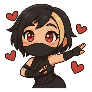 Create a chibi anime style ninja girl dancing to the right. Keep the same face, hair, mask, outfit, and hearts as the reference image. Change the pose so her body and arms are leaning to the right in a cute dance move, slightly different from frame 2. Transparent background, sized for Twitch emoji use. This is animation frame 4. sticker