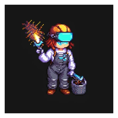 female welder, pixel art, welding action, bright sparks sticker