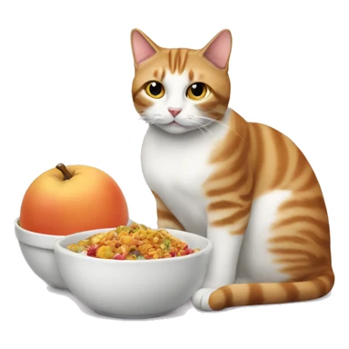 Create an image of the same cat sitting beside a bowl of food sticker