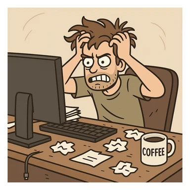frustrated developer at work sitting at a desk with a computer hands in hair stressed expression messy workspace coffee mug cartoon style sticker