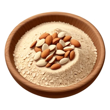 small pile of finely ground almonds, pale ivory, fine grainy texture, dry and uneven, scattered crumbs, natural, no faces, minimal sticker