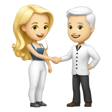 adult restaurant owner with white skin and blogger with white skin and blonde hair shaking hands in full height sticker