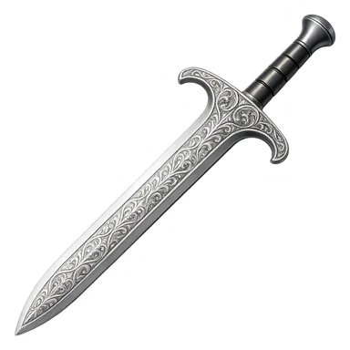 Engrave this steel sword with elegant silver engravings, keep it crisp, shiny, and slightly fancier than iron, realistic metallic steel, emoji style. Transparent background. sticker
