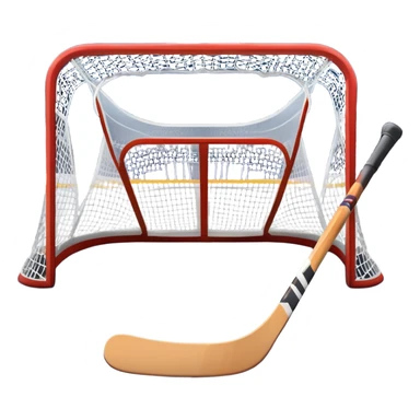 An icon showing a close-up of a hockey stick, puck, skates, and hockey net placed on the ice. The background features a packed stadium with bright lights, cheering fans, and snowy scenery outside. Transparent background highlights the key elements of the game. sticker