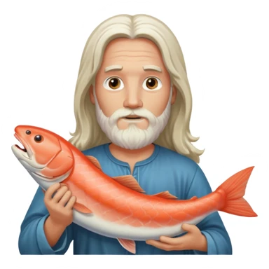 a white Jesus with a long beard holding a salmon sticker