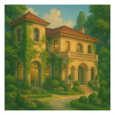 luxury dream house, elegant architecture, lush garden, soft lighting, ghibli style sticker