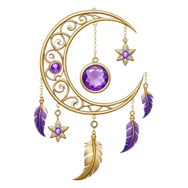 Epic beautiful gorgeous cute gold suncatcher, threads with shiny sparkly amethyst gemstones, flowers, crescents-moons, stars, violet Feather sticker