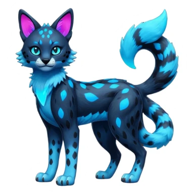 Realistic Obsidian-pitch-black fur body with neon-glowing-blue ring-markings Grem2-Gremz-Serval-Sergal-fusion, full body  sticker
