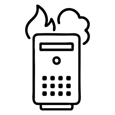 minimalistic icon of a PC tower with smoke and fire sticker
