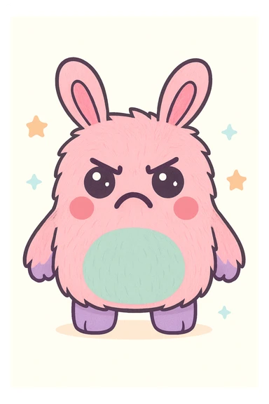 Close the monster's mouth, furrow the nonexistent eyebrows to express anger, add fur on the body, keep the kawaii style, rabbit ears, nine teeth not visible. sticker