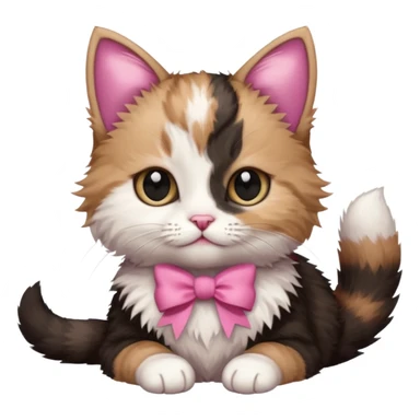 Brown, white, and black fluffy kitten sitting or laying down with a pink bow on her right ear sticker