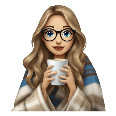 Balayage hair Girl drinking coffee, with a cozy blanket wearing glasses with blue eyes photo beautiful  sticker