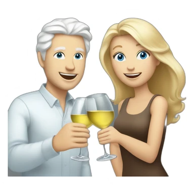 white man with blue eyes and grey hair toasting with a white wine together with white woman with brown eyes and blond hair and a white wine sticker
