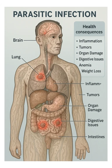a semi-transparent view of a man’s body reveals numerous parasitic organisms inside his organs and tissues. Some areas are highlighted with red or inflamed zones, and small tumor-like masses are visible where the parasites cluster. The background is clinical and educational, with labels pointing to affected organs and a sidebar showing the health consequences. sticker