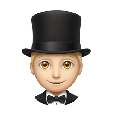 understated elegant emoji character in a black suit and top hat, subtle all-seeing eye pin, mysterious smile, dark exclusive background evoking secrecy and power sticker