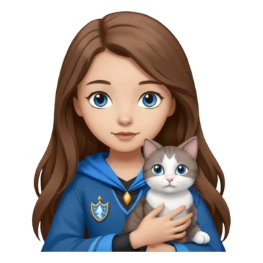 gorgeous Girl with light skin, blue eyes, long brown hair, wears a ravenclaw outfit, with a grey and white cat holding in her arms sticker