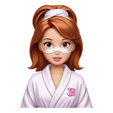 A Barbie face with shoulder-length reddish-brown hair, makeup, a smeared face mask, and a bathrobe. sticker