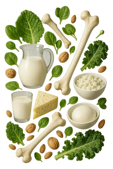 latticini, verdure a foglia verde, frutta secca fluttuano in aria insieme ad ossi umani realistici, iperrealistici 4k sticker