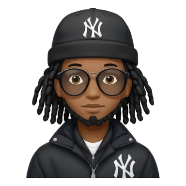 African American man brown skin complexion with black dreadlocks shoulder length wearing black bubble winter coat wearing black sunglasses wearing a New York Yankees fitted baseball hat sticker