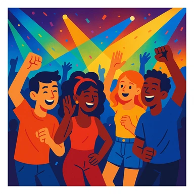 group of friends dancing at a music concert, colorful lights, lively atmosphere sticker
