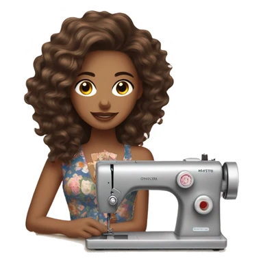 Light skinned women with brunette medium long wavy hair sewing at a sewing machine with fashion illustrations  sticker