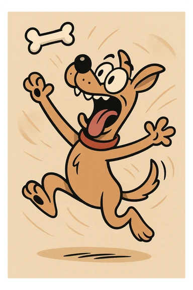 a dog catching a bone in mid-air, energetic style, dynamic and lively sticker