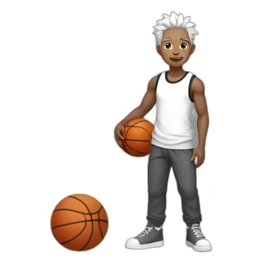 Chinese idol wearing white overalls and gray pants and black T-shirt with white hair holding a basketball in his right hand sticker