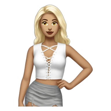 white long straight blonde woman realistic white lace up crop top and grey mini skirt sticker