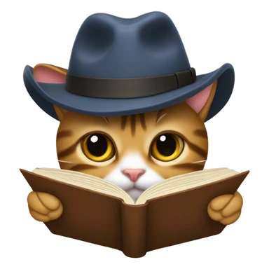tabby cat reading a book with a fedora sticker