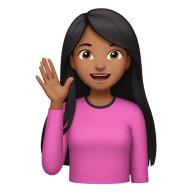 Chocolate brown girl wearing a pink shirt with long straight jet black hair giggling, she has one hand behind her back and one over her mouth  sticker