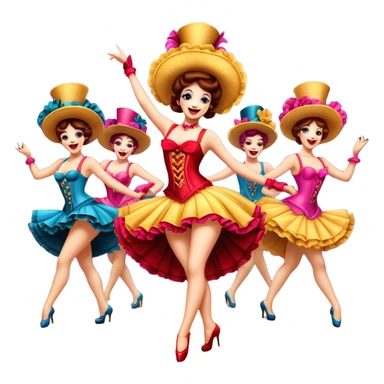 Cinematic Realistic Can-can Dance Emoji, depicted as a lively cabaret dance scene with flouncy costumes and dynamic energetic movement, rendered with vibrant textures and playful theatrical lighting that captures the spirit of French cabaret. sticker