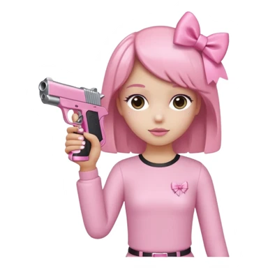 Minimalist figure with a cute pink aesthetic. It has a sparkly pink bow on its head, a pink gun in one hand, and is holding a large pink Stanley tumbler cup in the other hand. The background is simple white with a soft shadow for a clean look. sticker