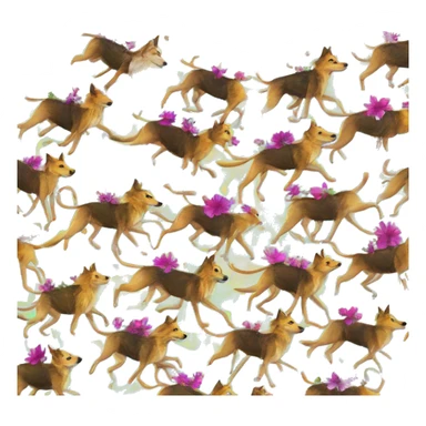  brindle brown black maroon striped lurcher Alsatian fox running blue eyes and iridescent holographic oilslick harness wearing paper iridescent tropical flower crown yellow caution tape sticker