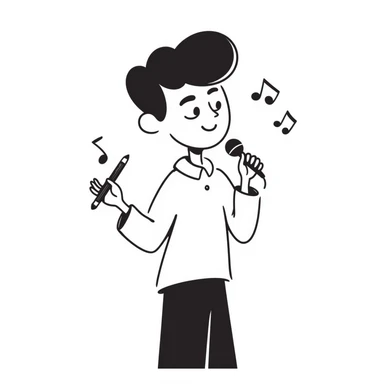 excited happy musician smiling, holding a microphone in one hand and a pencil in the other hand sticker