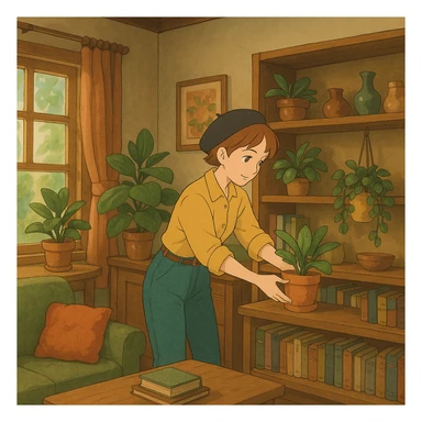 ghibli style interior designer arranging plants and decor in a cozy room sticker